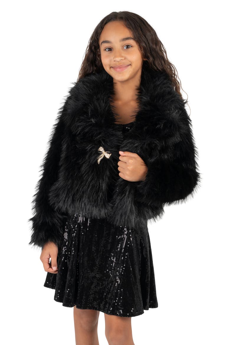 Kids' Faux Fur Jacket with Brooch, Alternate, color, BLACK