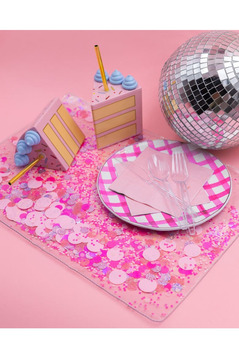 Work Party Confetti Multi-Use Desk Mat - 13x18 Inch Clear Vinyl Pink Confetti Desk Mat with Gold Foil Detail for Desks and Keyboards, Alternate, color, Multicolor