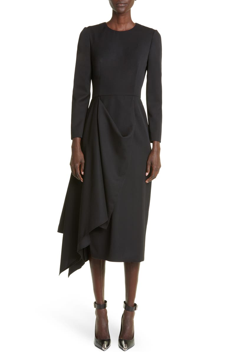 McQueen Drape Detail Long Sleeve Wool Midi Dress, Main, color, 