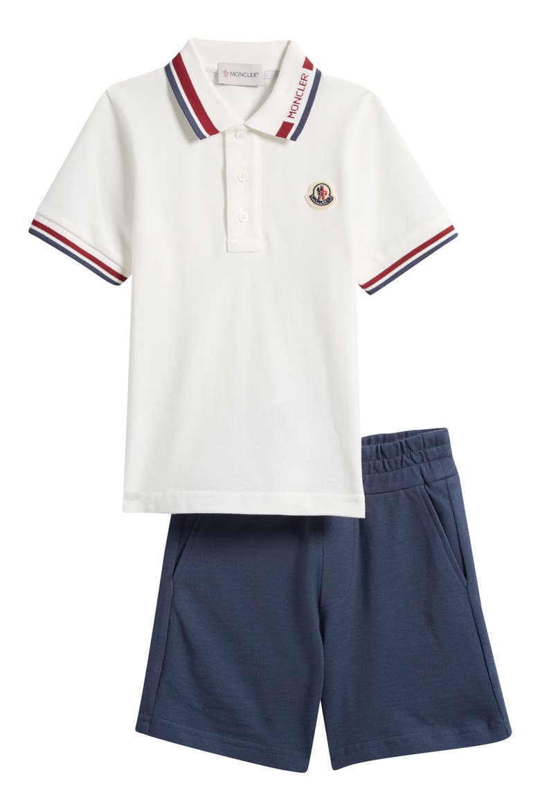 Kids' Tricolor Trim Cotton Piqué Polo & Shorts Set, Main, color, WHITE/ BLUE