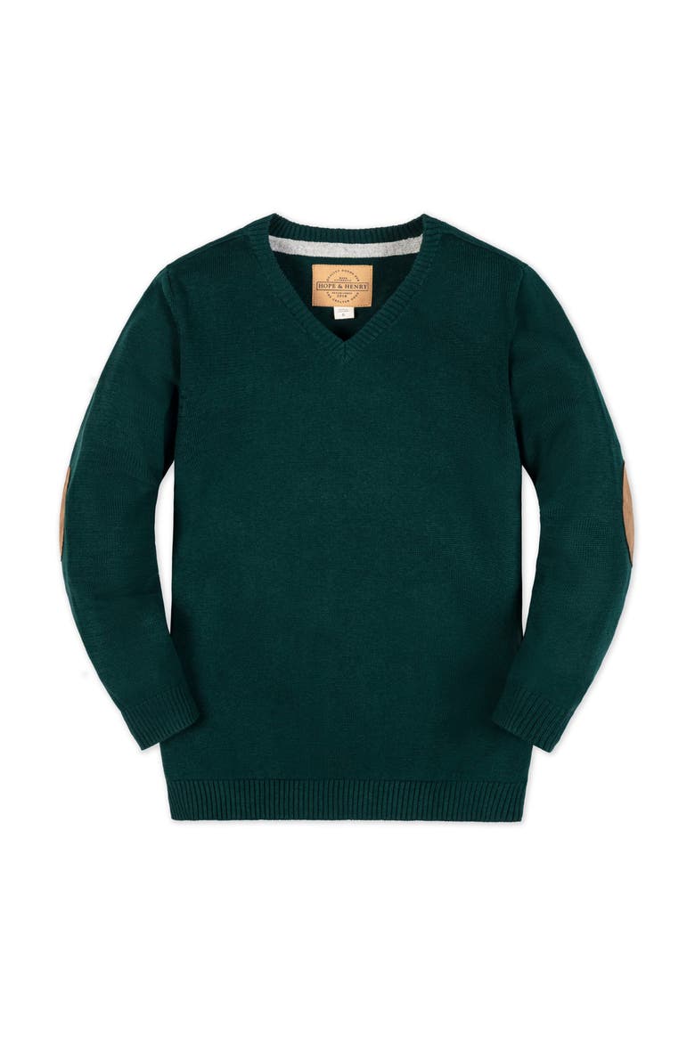 Kids' Organic V-Neck Sweater with Elbow Patches, Main, color, Deep Green