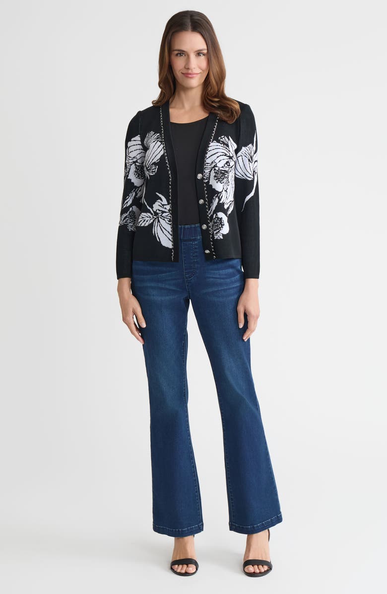 Ming Wang Heritage Chain Trim Floral Jacquard Knit Cardigan, Alternate, color, Black/White