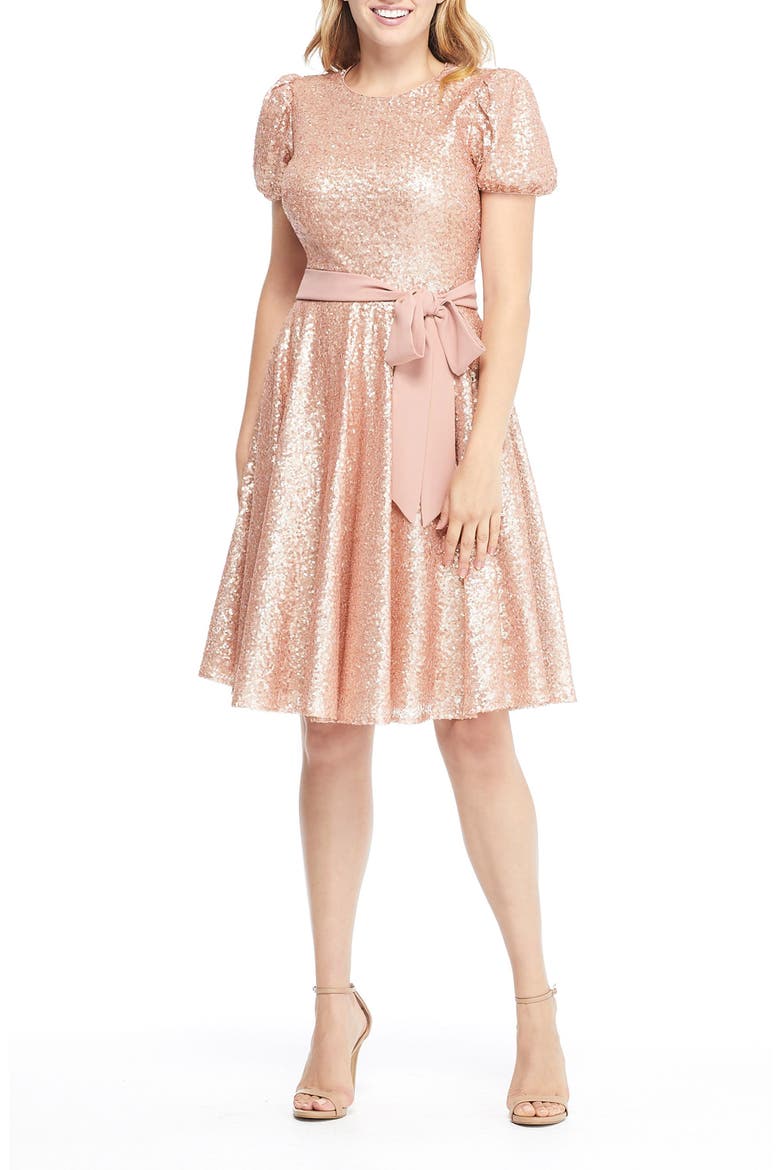 Beatrix Sequin Crush Fit & Flare Dress, Main, color, PINK