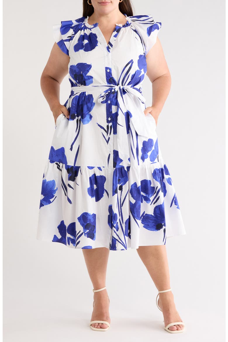Neli Charlotte Floral Button-Up Tiered Midi Dress, Main, color, WHITE COBALT