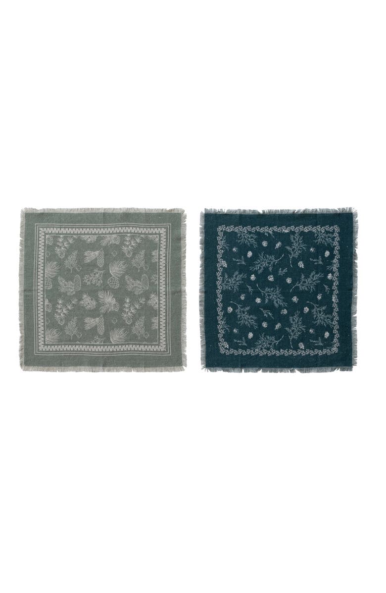 Storied Home 4-Piece Square Linen Printed Napkins with Pine Bough Patterns and Frayed Edges, Teal, Sage and Cream Color, Main, color, Teal