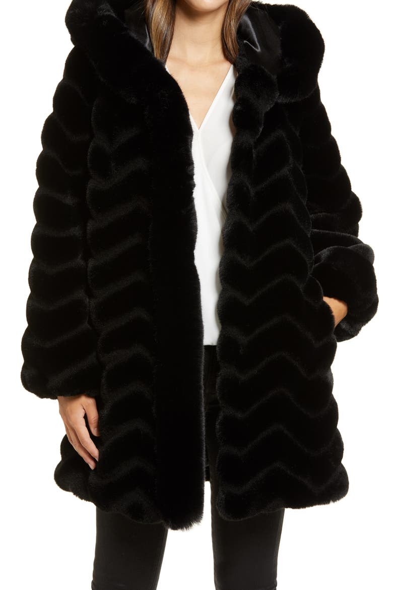Grooved Faux Fur Hooded Jacket, Main, color, BLACK