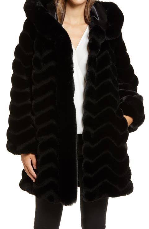 Grooved Faux Fur Hooded Jacket