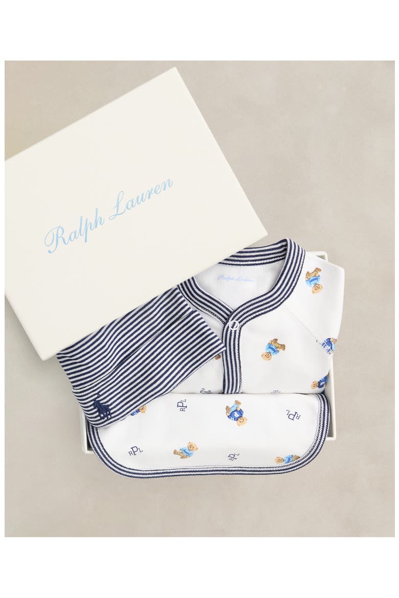 Cotton Interlock Footie, Bib & Hat Set, Alternate, color, WHITE BLUE MULTI