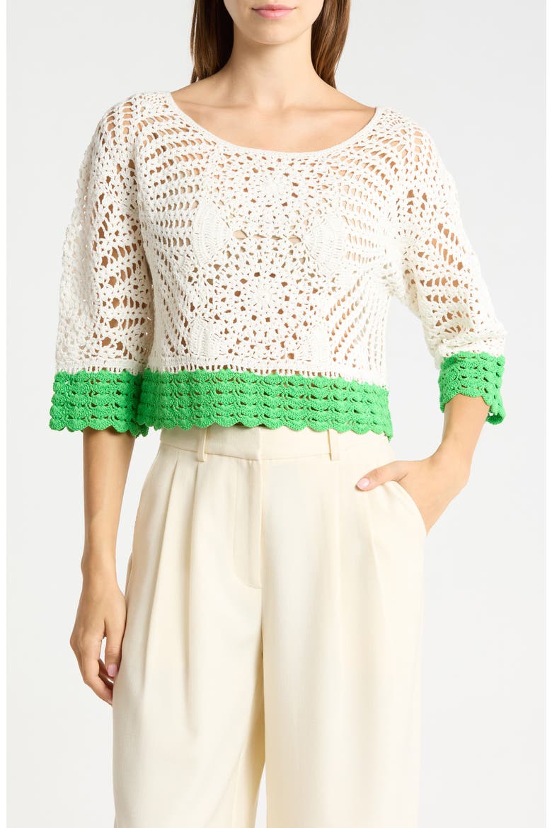 Kristina Openwork Top, Main, color, IVORY/TROPIC GREEN COLORBLOCK