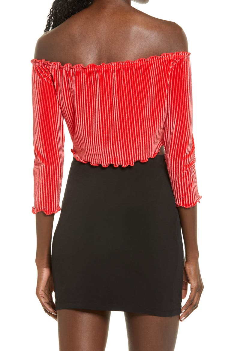 Off the Shoulder Velour Crop Top, Alternate, color, RED BLOOM