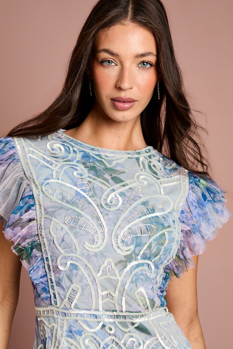 Embroidered Ruffle Floral Maxi Dress, Alternate, color, Blue