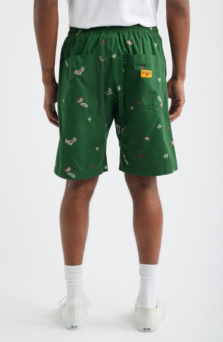 Service Works Paisley Organic Cotton Poplin Drawstring Chef Shorts, Alternate, color, Forest