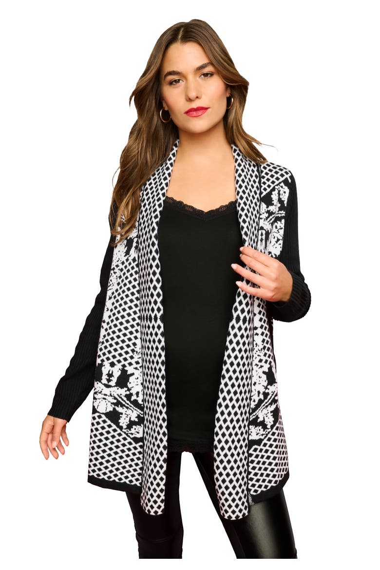 Diamond Cage Cardigan Sweater, Main, color, BLACK WHITE DAMASK