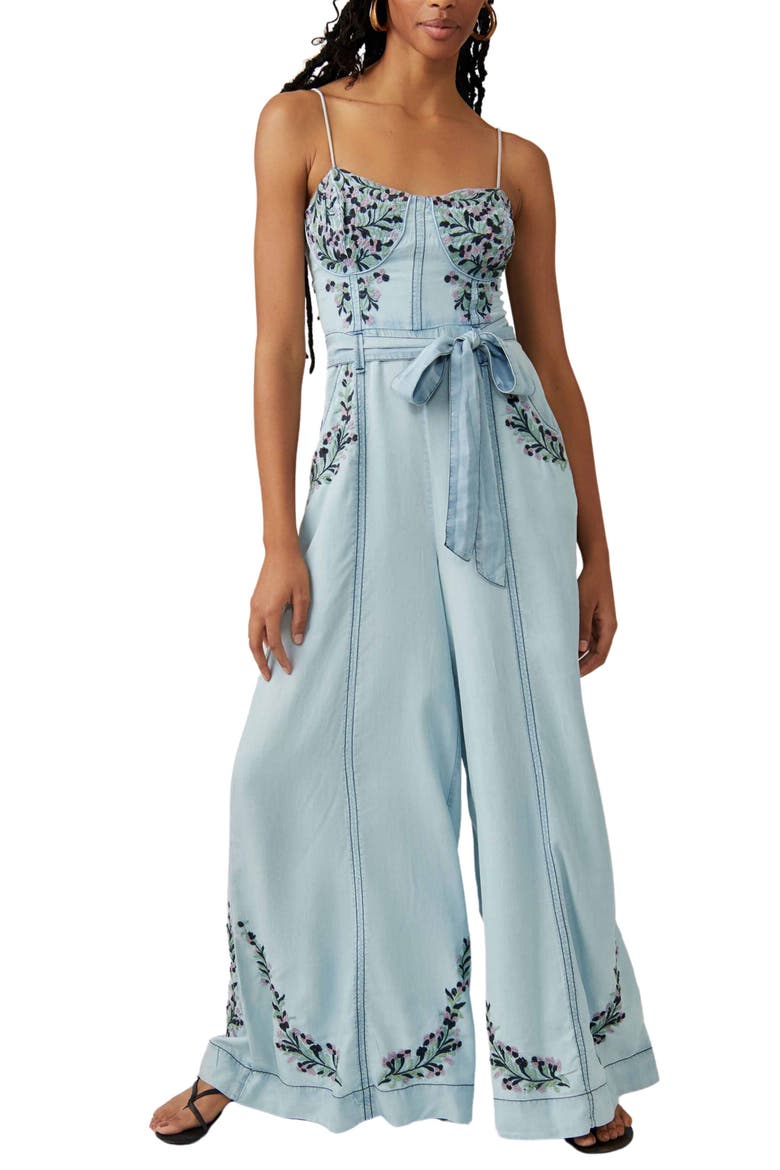 Brigitte Embroidered Wide Leg Denim Jumpsuit, Main, color, DARK INDIGO COMBO