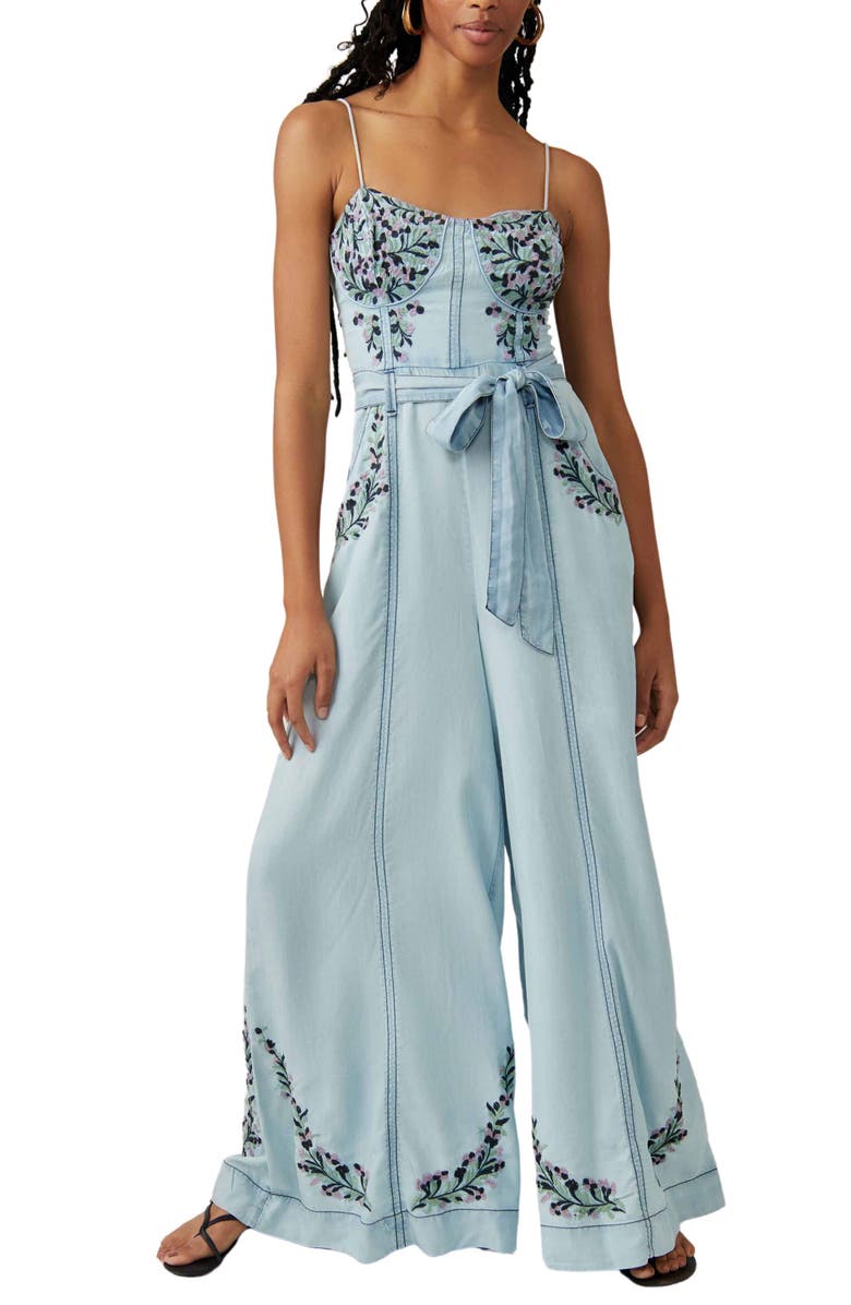 Free People Brigitte Embroidered Wide Leg Denim Jumpsuit, Main, color,