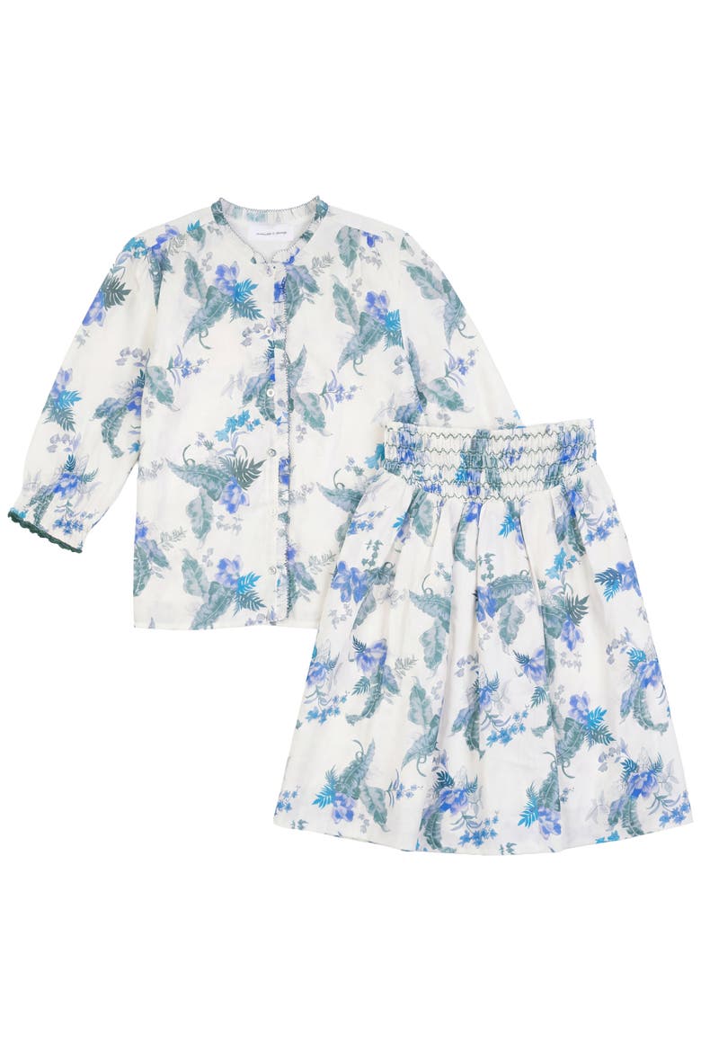 Floral Print Smocked Long Sleeve Woven Blouse and Skirt Set, Alternate, color, Rose