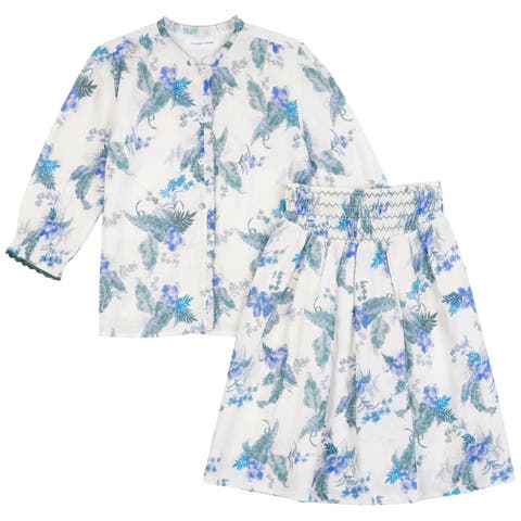 Floral Print Smocked Long Sleeve Woven Blouse and Skirt Set