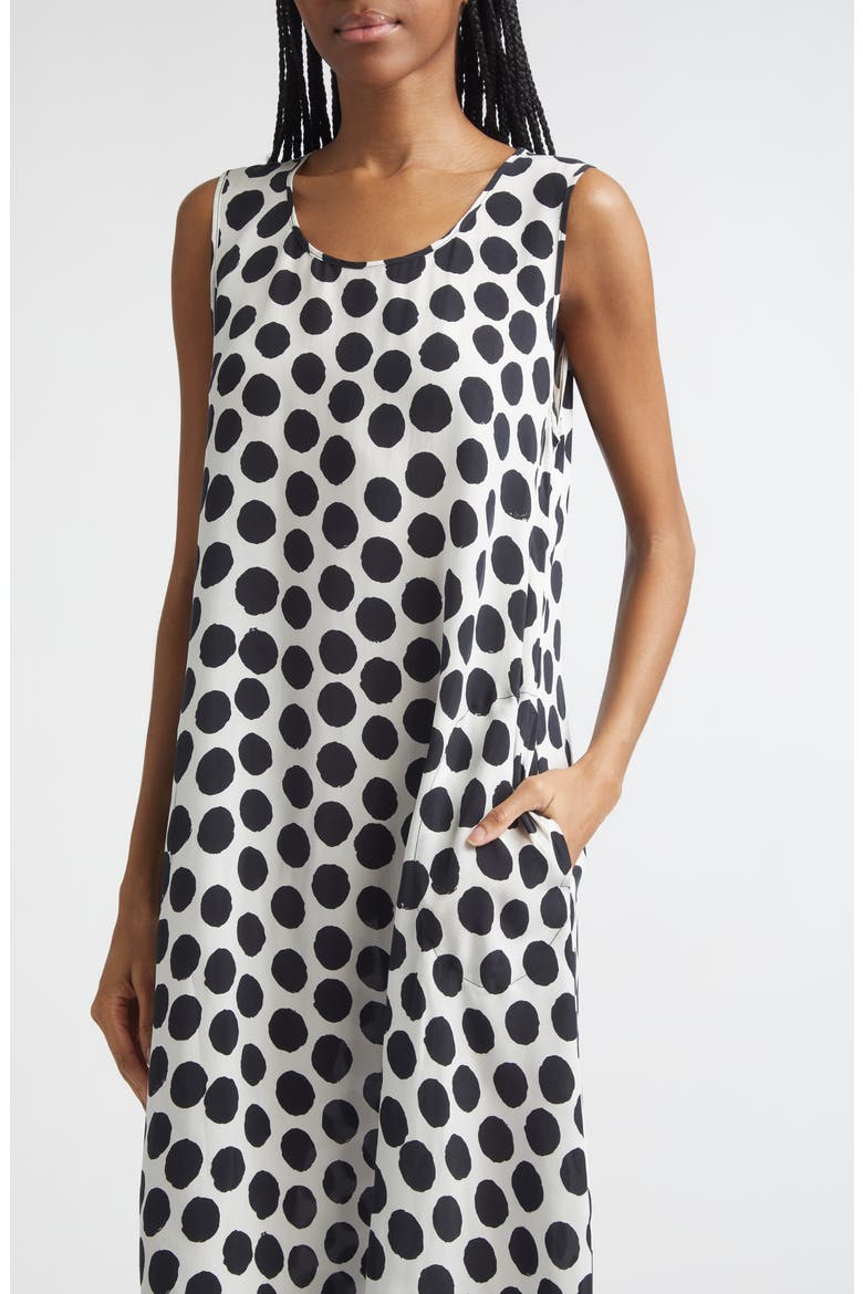 Sleeveless Polka Dot Cupro Midi Dress, Alternate, color, WHITE WITH BLACK POLKA DOT