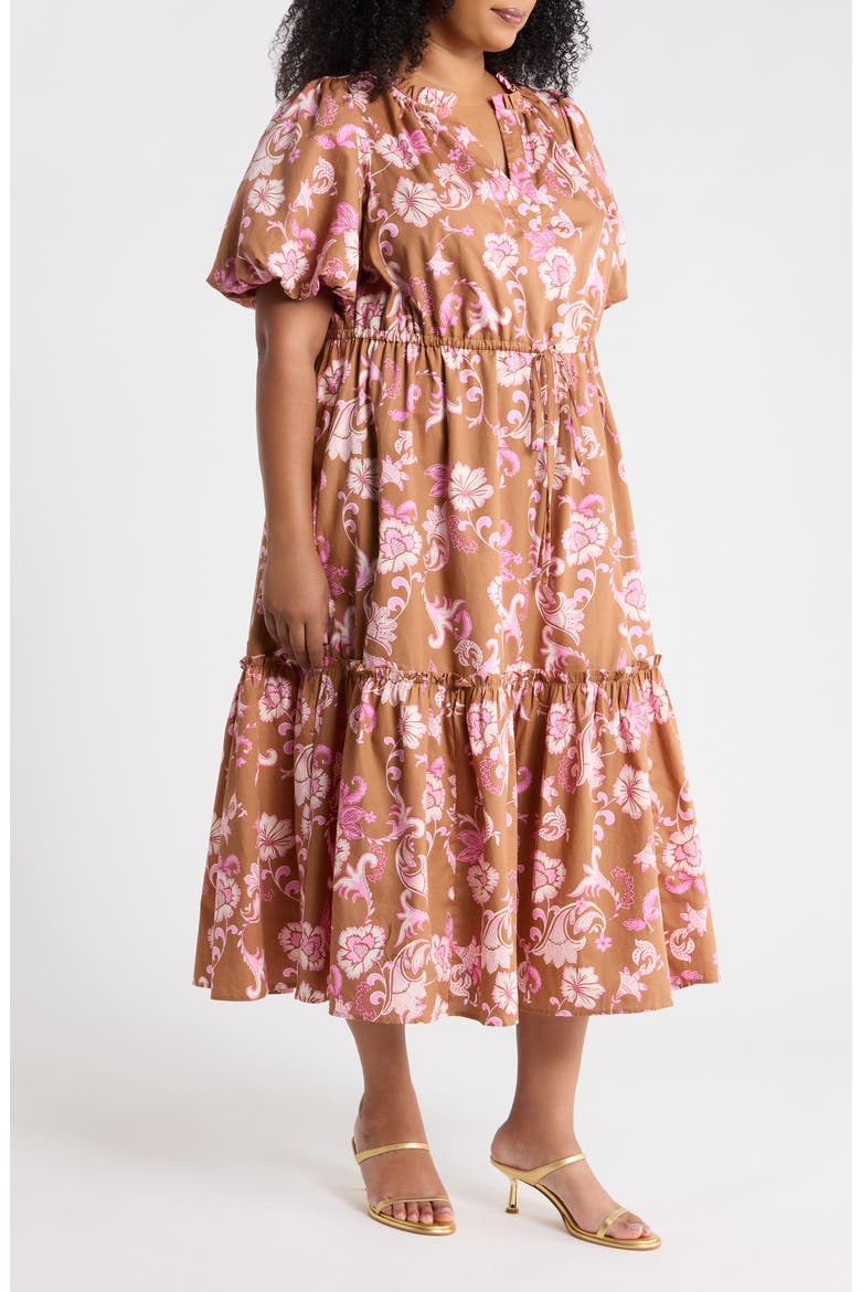 Ginny Bubble Sleeve Midi Dress, Alternate, color, BROWN-MULTI