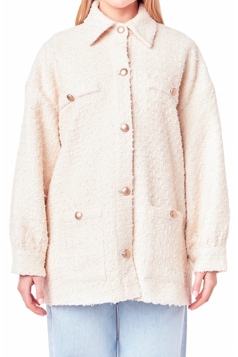 Tweed Button-Up Shirt Jacket, Main, color, IVORY