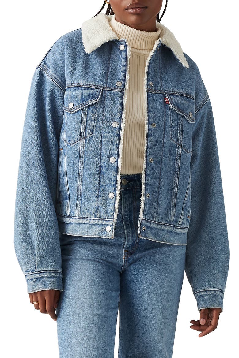 '90s Faux Shearling Lined Denim Trucker Jacket, Main, color, INNER ADVENTURER