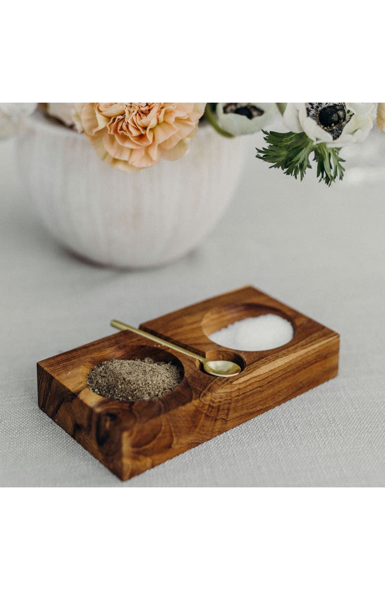 Be Home Teak Plank Salt and Pepper Cellar with Gold Spoon, Alternate, color, Natural