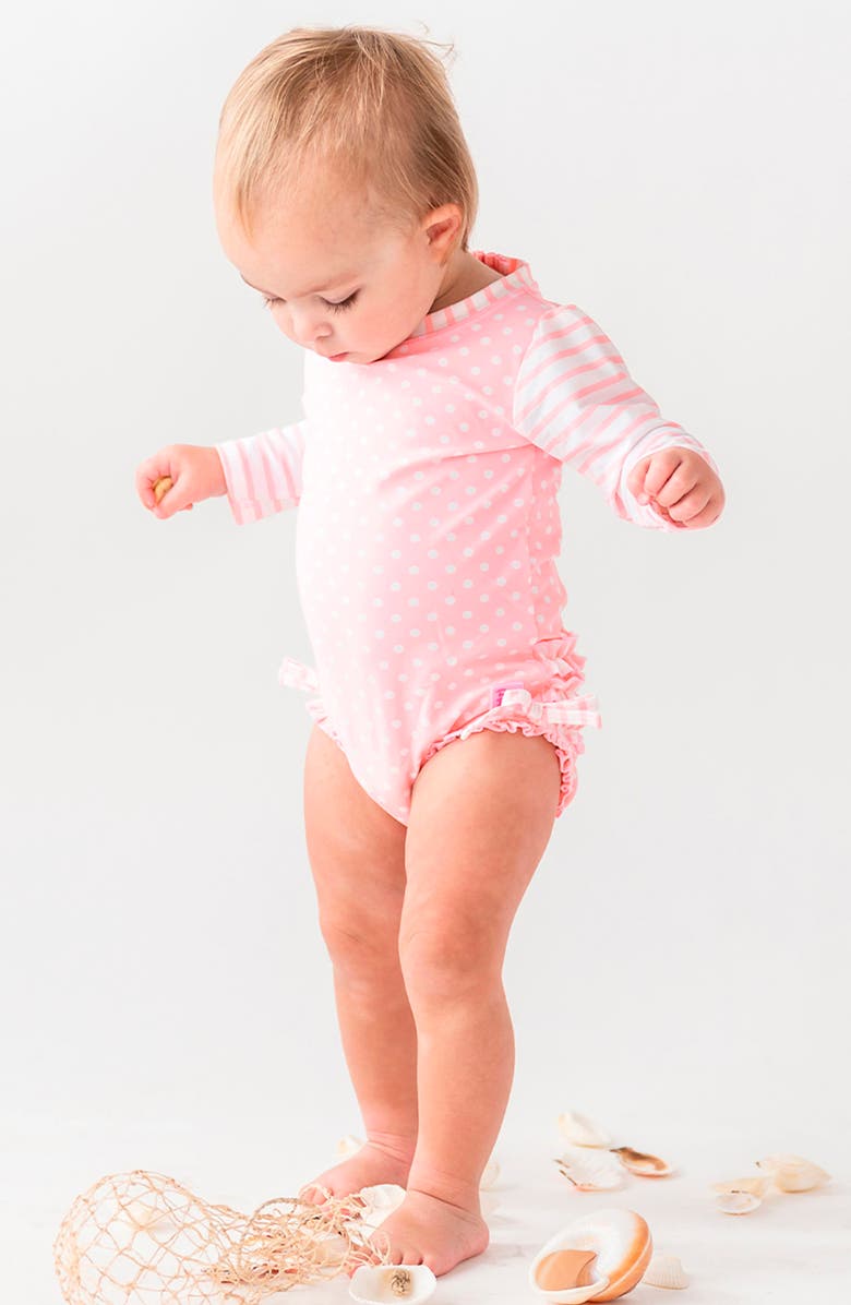 RuffleButts Pink Polka Dot One-Piece Rashguard Swimsuit & Hat Set, Alternate, color, Pink Polka Dot