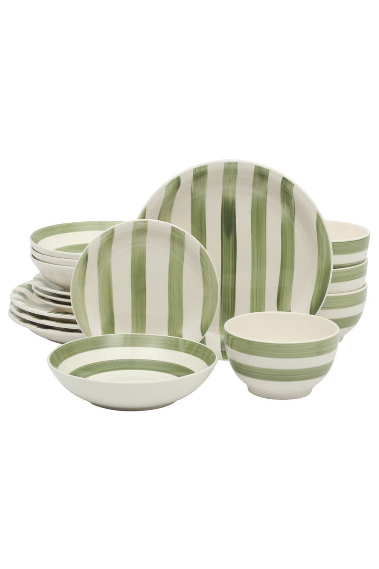 Kenwood Shores 16 Piece Stoneware Plates and Bowls Dinnerware Set, Main, color, Green