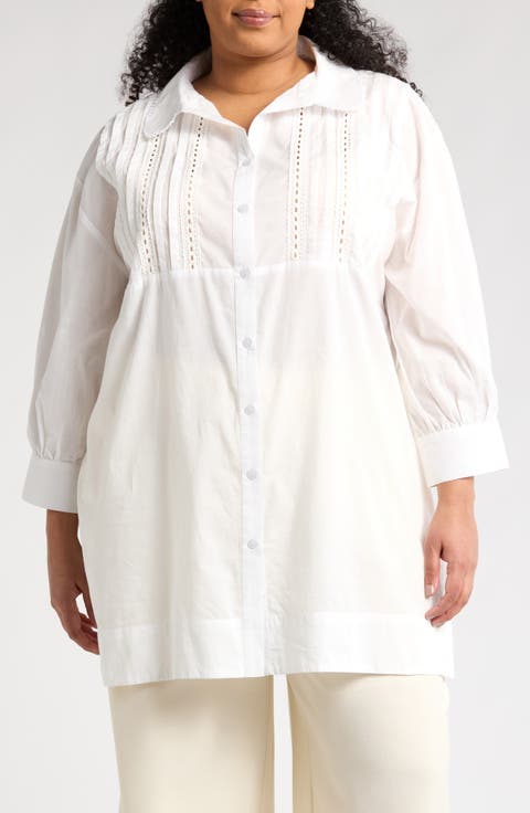 Lace Inset Button-Up Shirt (Plus)