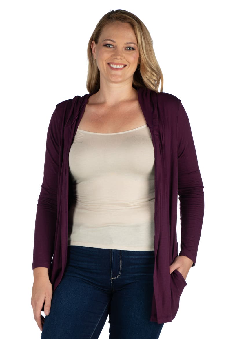 Plus Size Open Front Lightweight Hooded  Cardigan, Main, color, Plum