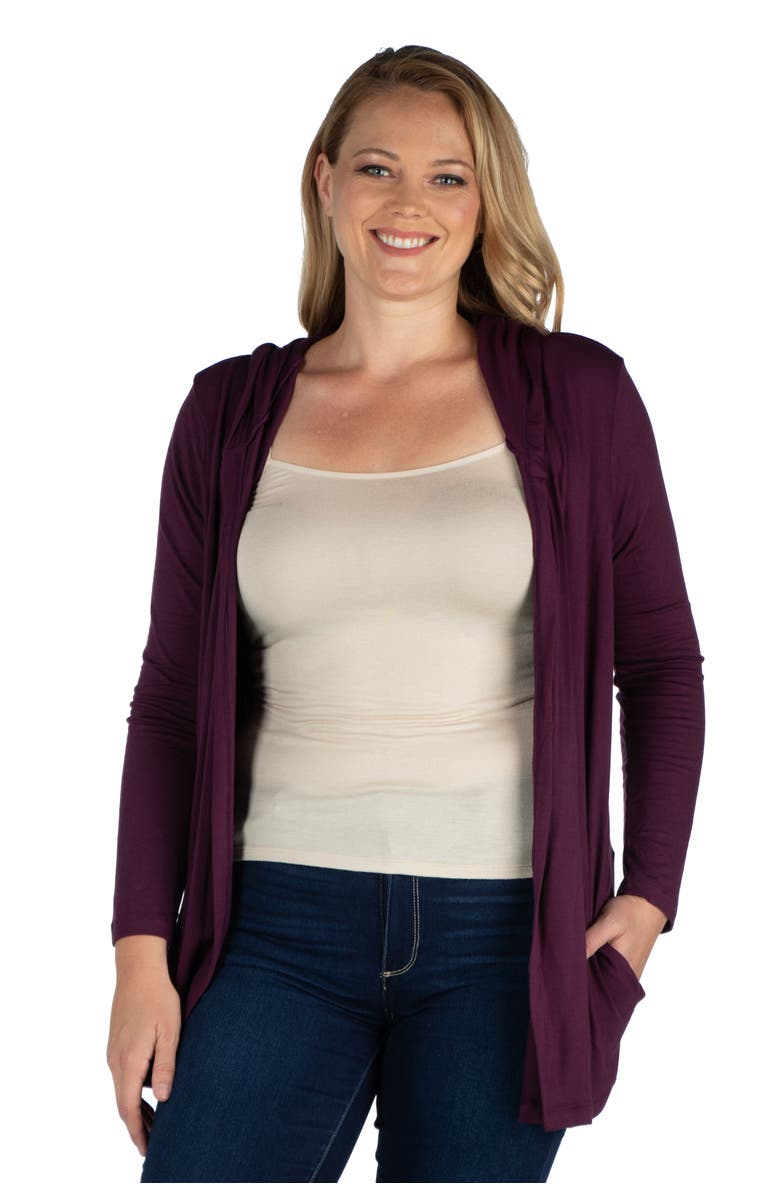 24seven Comfort Apparel Plus Size Open Front Lightweight Hooded  Cardigan, Main, color, Plum