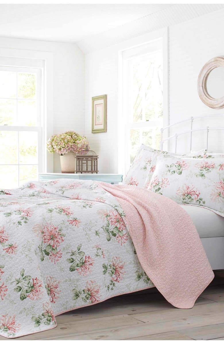 Laura Ashley Honeysuckle Pastel Pink King Quilt Set, Main, color, Blush