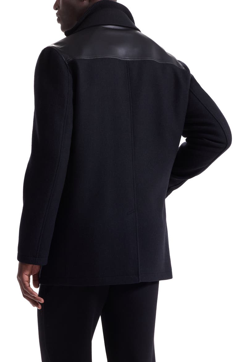 Leather Trim Wool Blend Tweed Peacoat, Alternate, color, BLACK