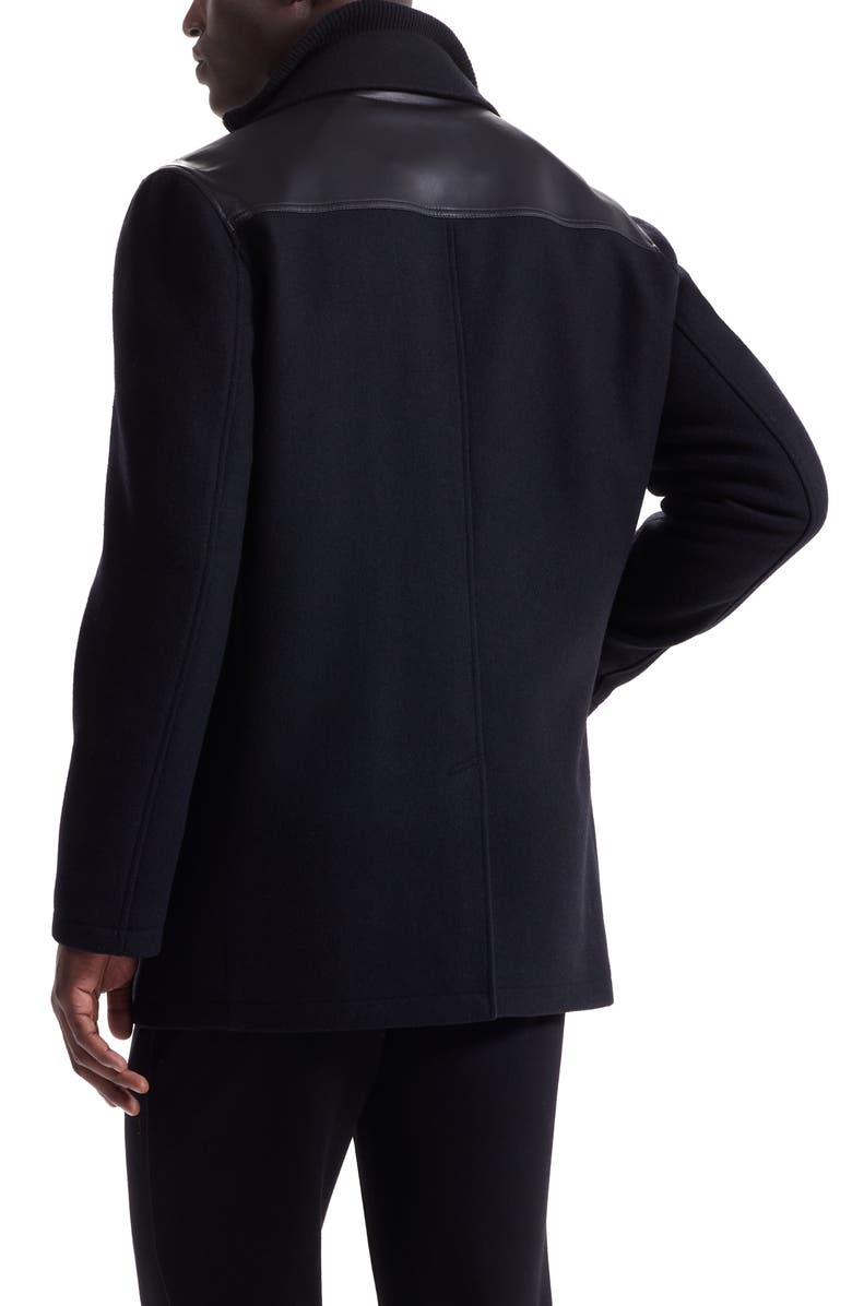 Bugatchi Leather Trim Wool Blend Tweed Peacoat, Alternate, color, Black