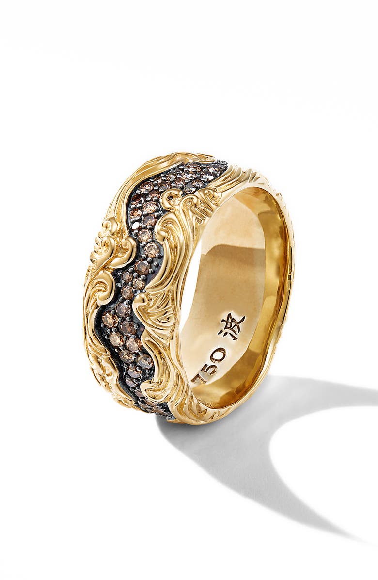 David Yurman Waves Band Ring in 18K Yellow Gold with Pavé Cognac Diamonds, Alternate, color, 