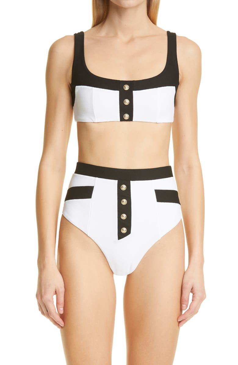 Balmain Button Detail Bicolor Two-Piece Swimsuit, Main, color,