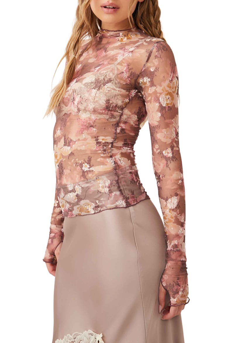 Printed Lady Sheer Embroidered Long Sleeve Top, Alternate, color, VINTAGE COMBO