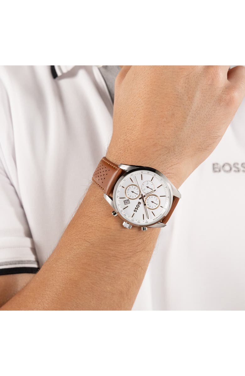 BOSS Grand Prix Chronograph Leather Strap Watch, 44mm, Alternate, color, 