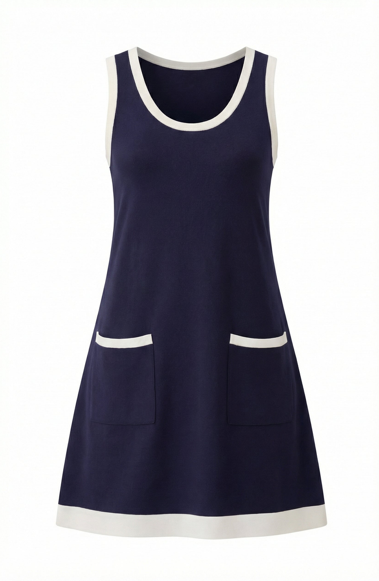 Modenaire Sleeveless Knit Mini Dress with Contrast Trim and Front Pockets, Alternate, color, Navy Blue
