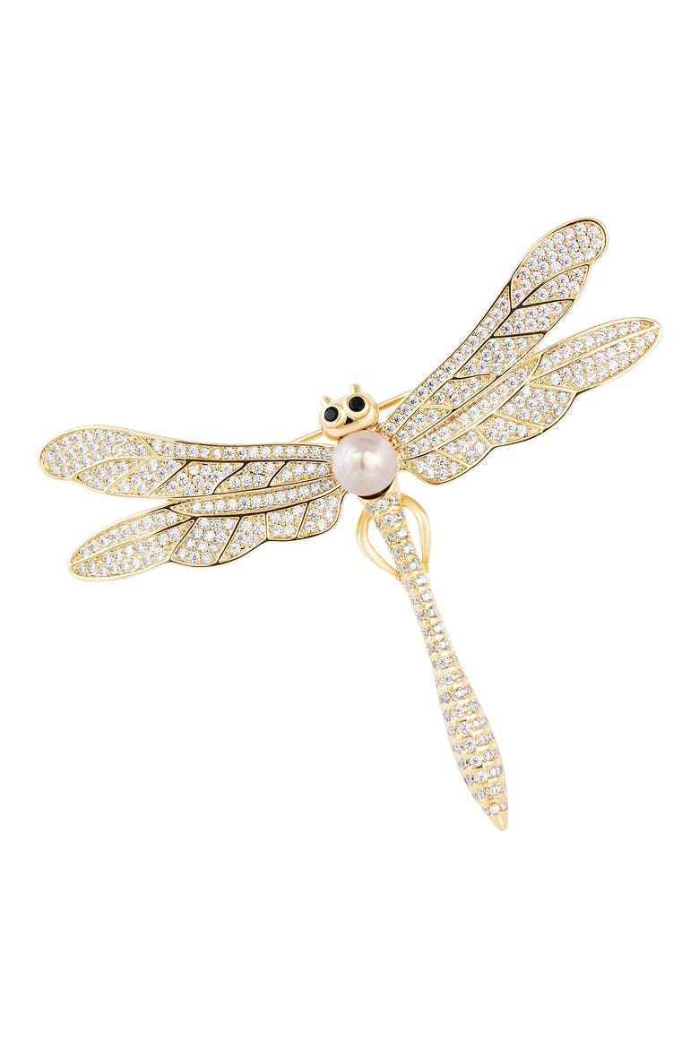 Cubic Zirconia & Imitation Pearl Dragonfly Brooch, Alternate, color, YELLOW