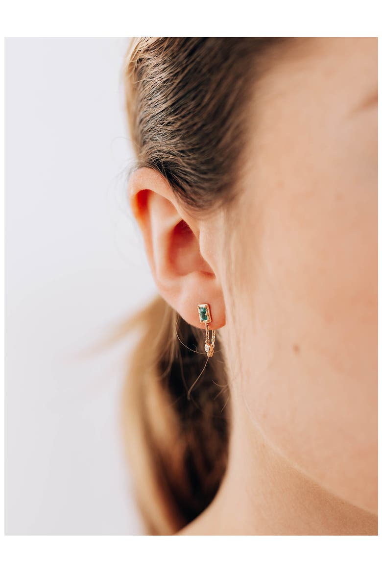 Clo Emerald Baguette Chain Detail Stud Earrings, Alternate, color, GREEN
