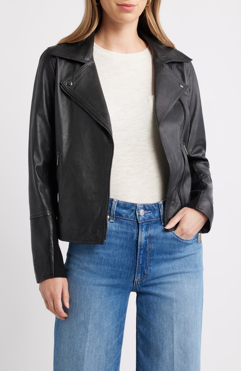 Caslon<sup>®</sup> Leather Moto Jacket, Main, color, Black