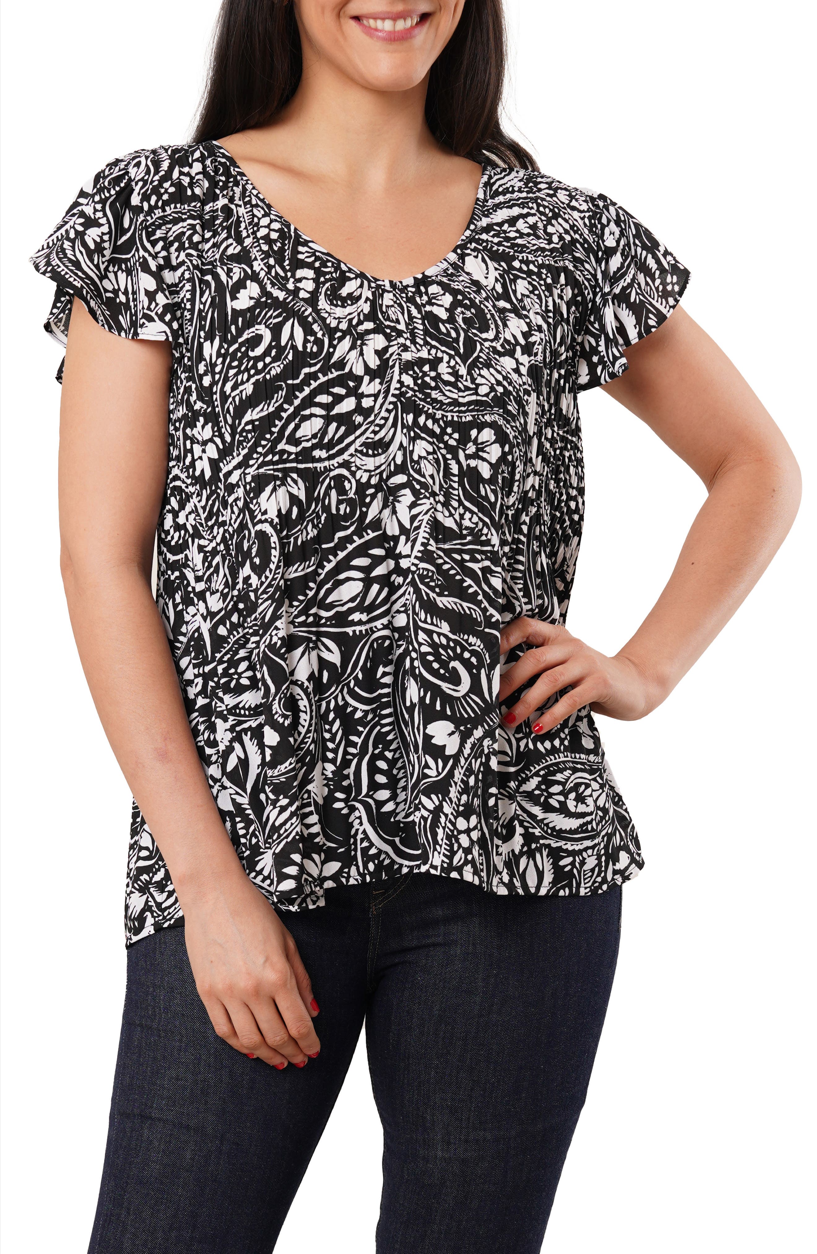 SUNNY LEIGH Pleated Flutter Sleeve Top