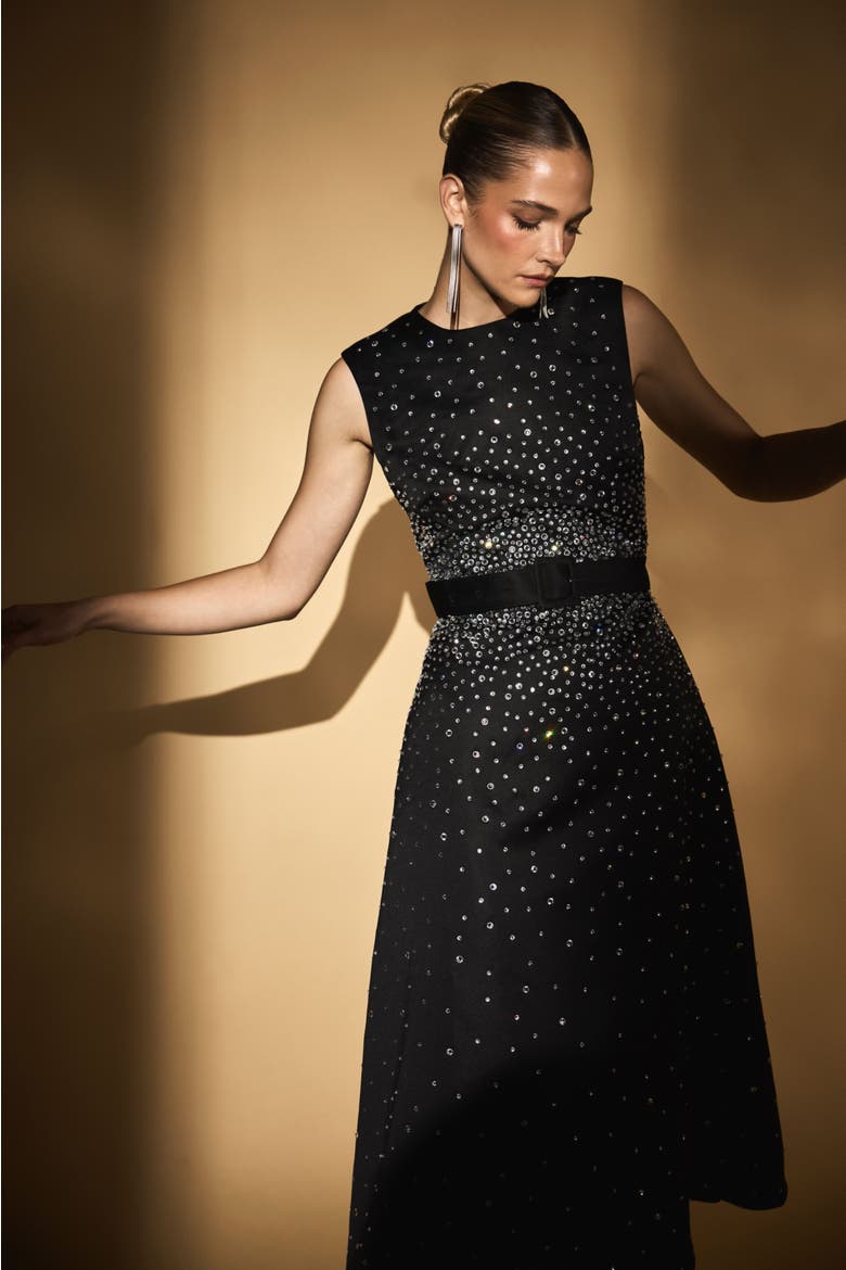 Hotfix Diamante Midi Dress, Alternate, color, Black