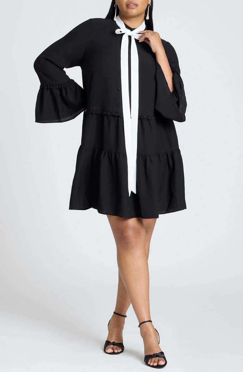 ELOQUII Bow Long Sleeve Tiered Minidress, Main, color, 