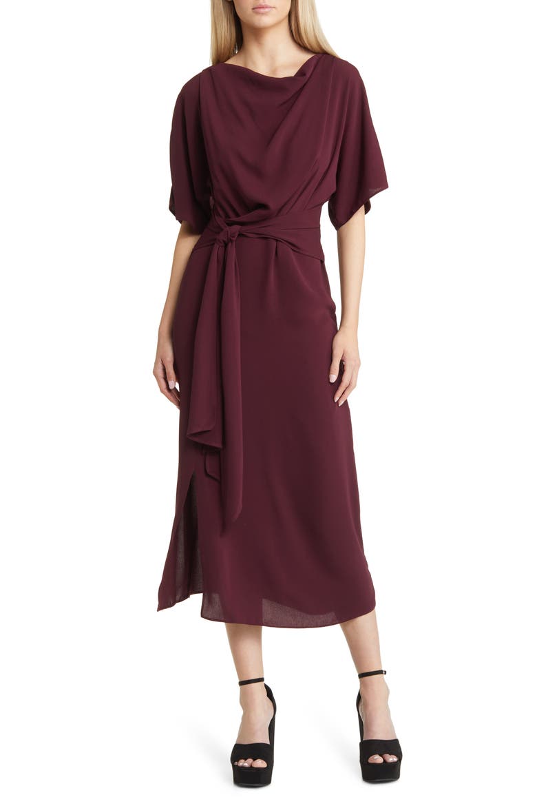 Cowl Neck Tie Waist Dress, Main, color, BURGUNDY