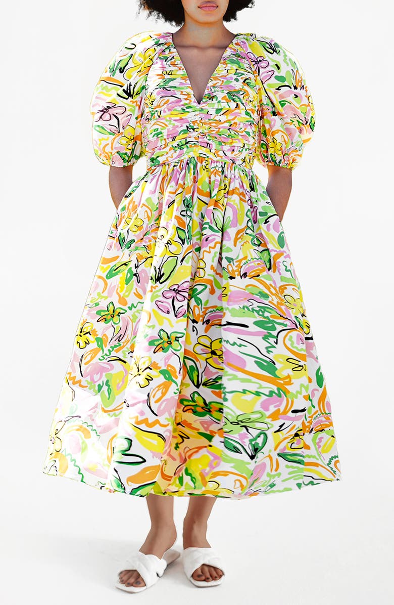 Jessie Zhao New York Wonderland Floral Taffeta Midi Dress, Main, color, Green