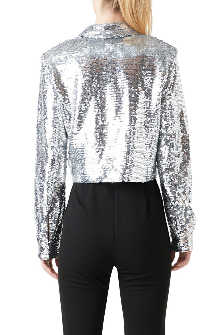 Sequin Hidden Placket Crop Button-Up Shirt, Alternate, color, SILVER