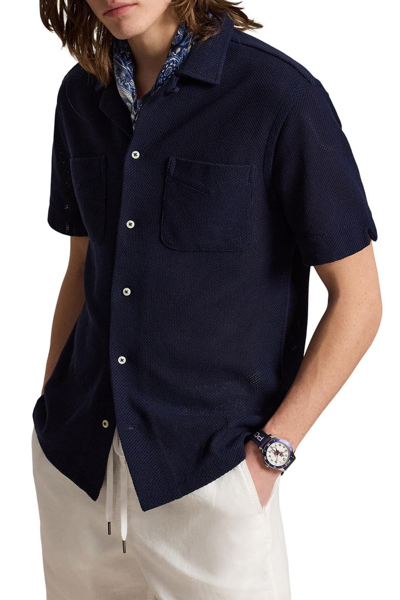 Textured Pointelle Linen Camp Shirt, Main, color, CRUISE NAVY