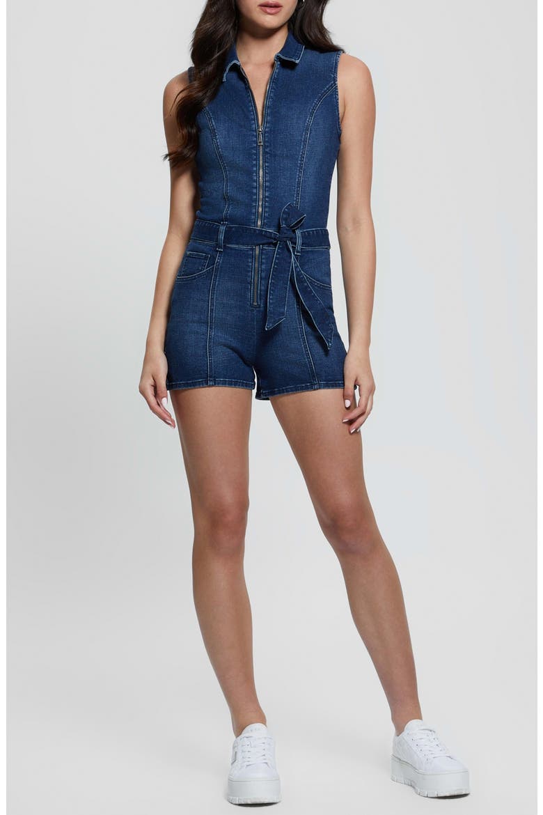 Kimora Tie Belt Denim Romper, Main, color, DREAMING